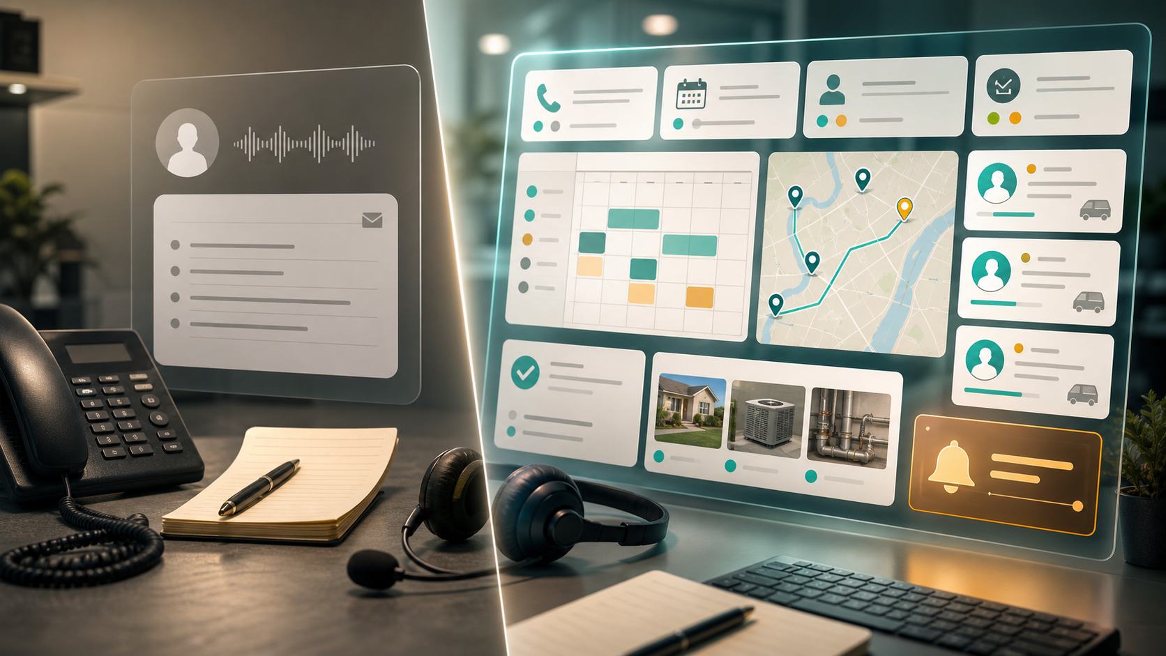 Split-screen operations visual comparing a basic phone message log with an active home services dispatch board, calendar, route map, and escalation panel.