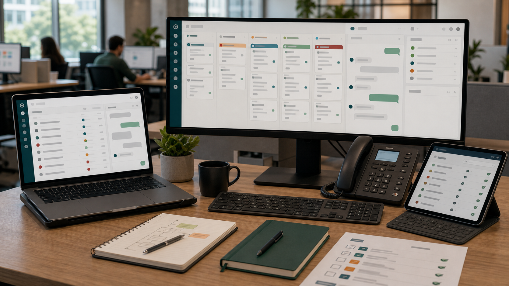 Help desk operations desk with ticket queues, chat panels, SLA indicators, and support workflow tools.