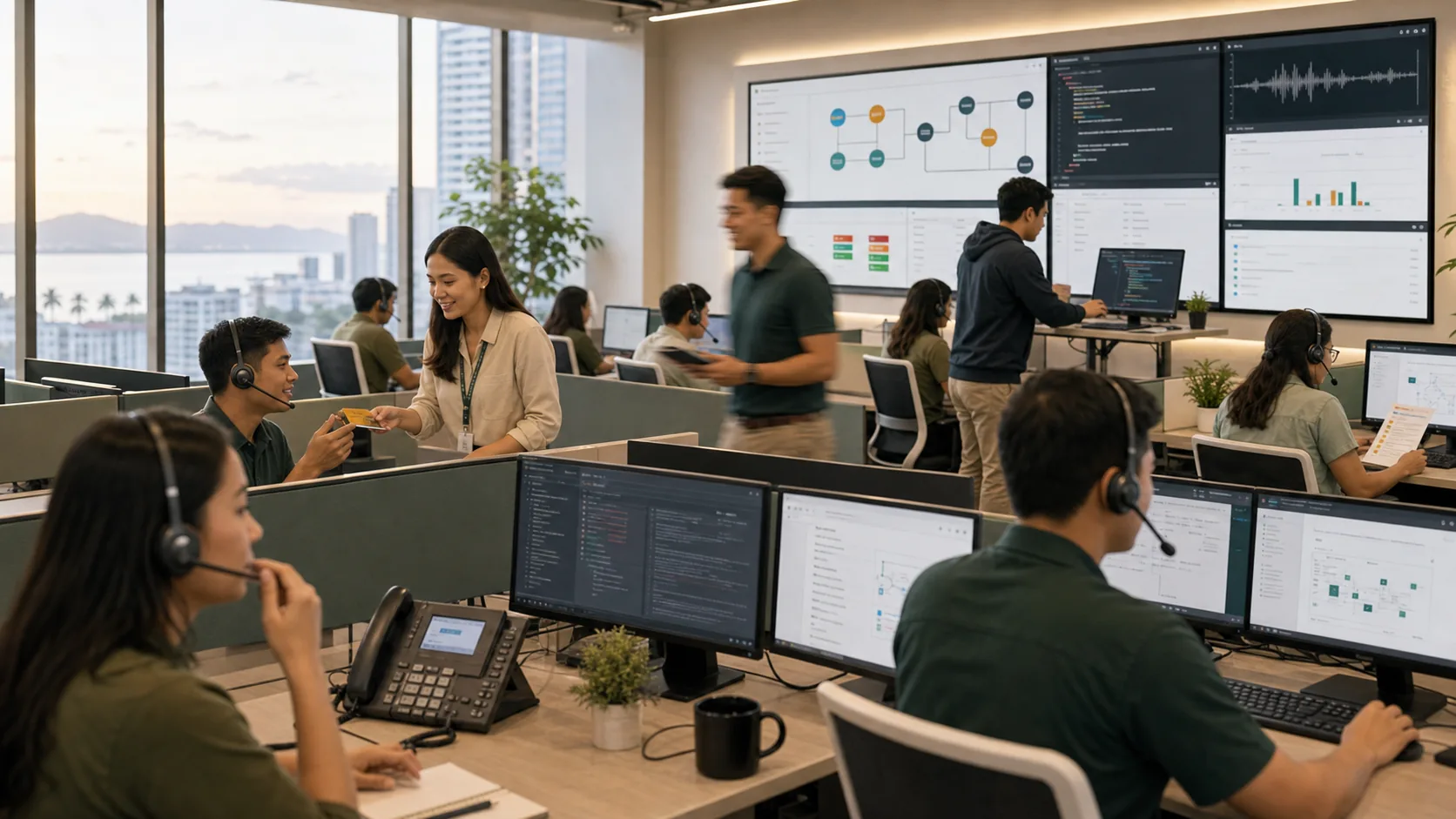 Active voice-agent implementation floor with headset support agents, a moving team lead, CRM integration code, call-flow monitoring, and QA review screens.