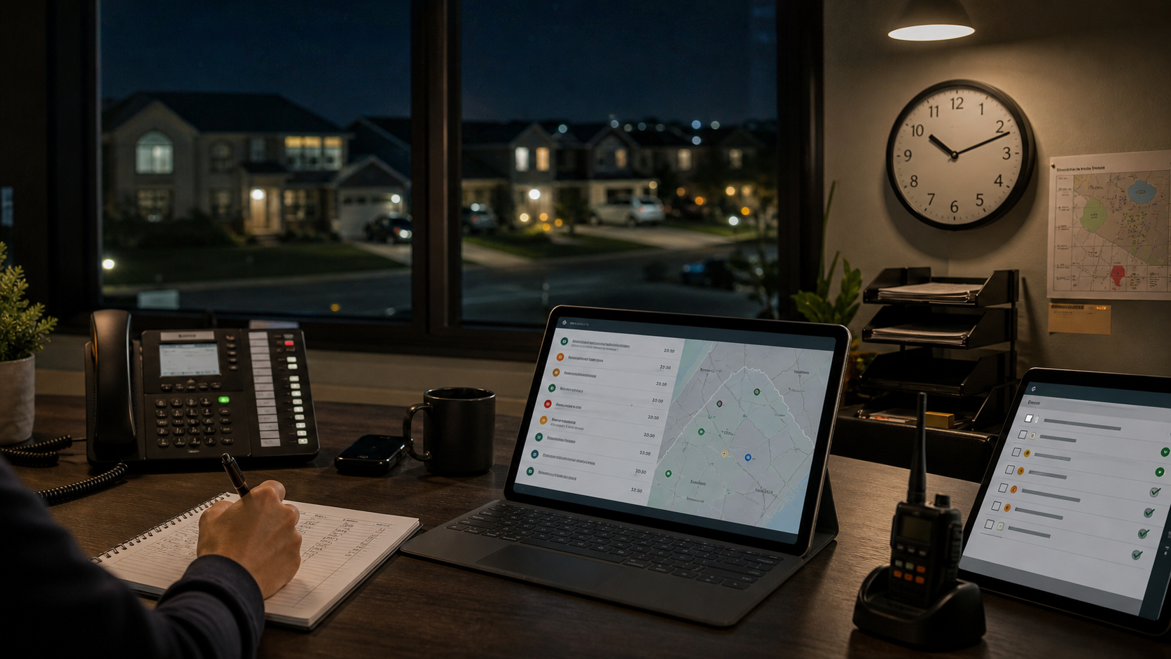 After-hours dispatch script planning board with required fields, escalation rules, and home service call notes.