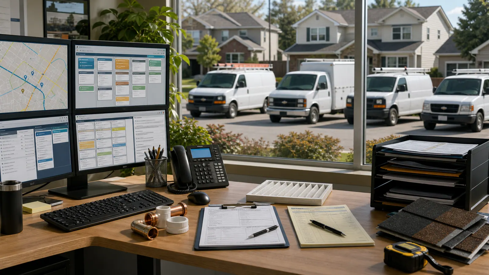 Home services dispatch desk with route maps, job boards, service vans, HVAC, plumbing, and roofing workflow materials.