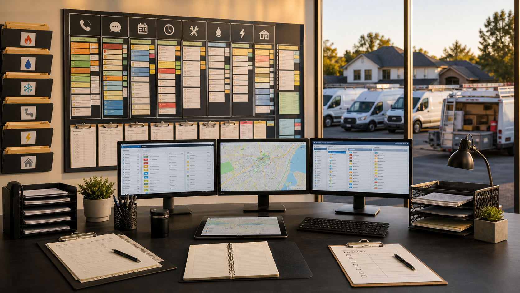 Home services outsourcing dispatch board with trade queues, route maps, job tickets, service vans, and workflow checklists.