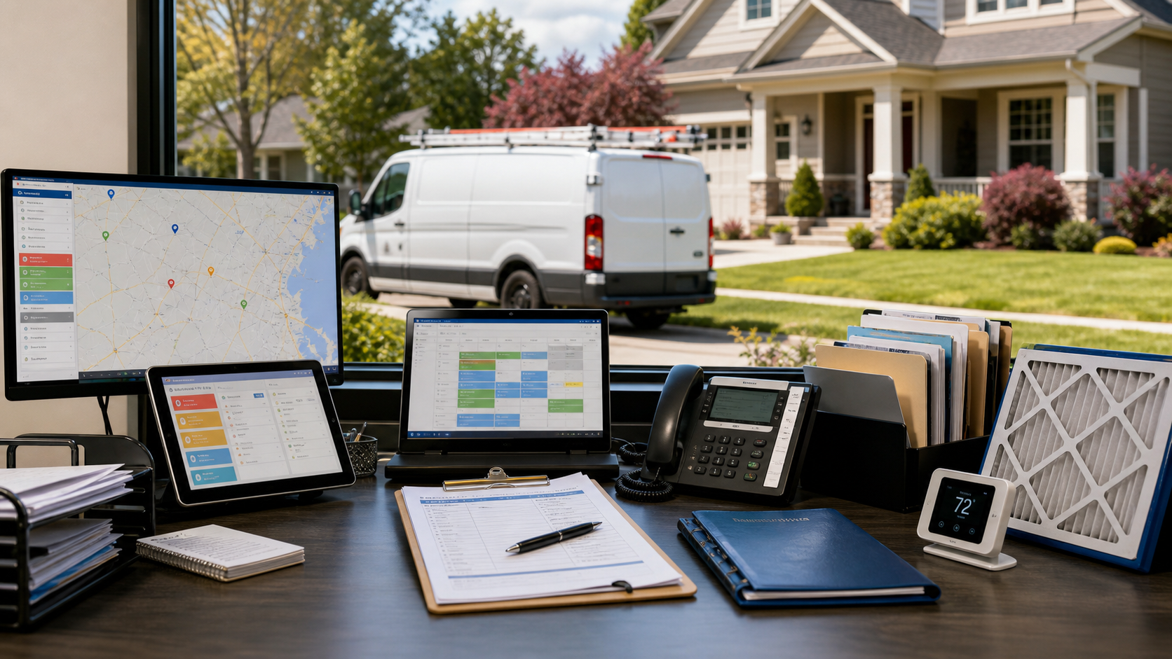 HVAC dispatch desk with route screens, service tickets, thermostat, filter, and vans outside a suburban home.