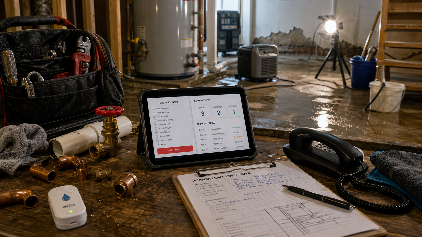Plumbing emergency answering workflow with leak cleanup, pipe fittings, a phone, intake checklist, and dispatch status tablet.