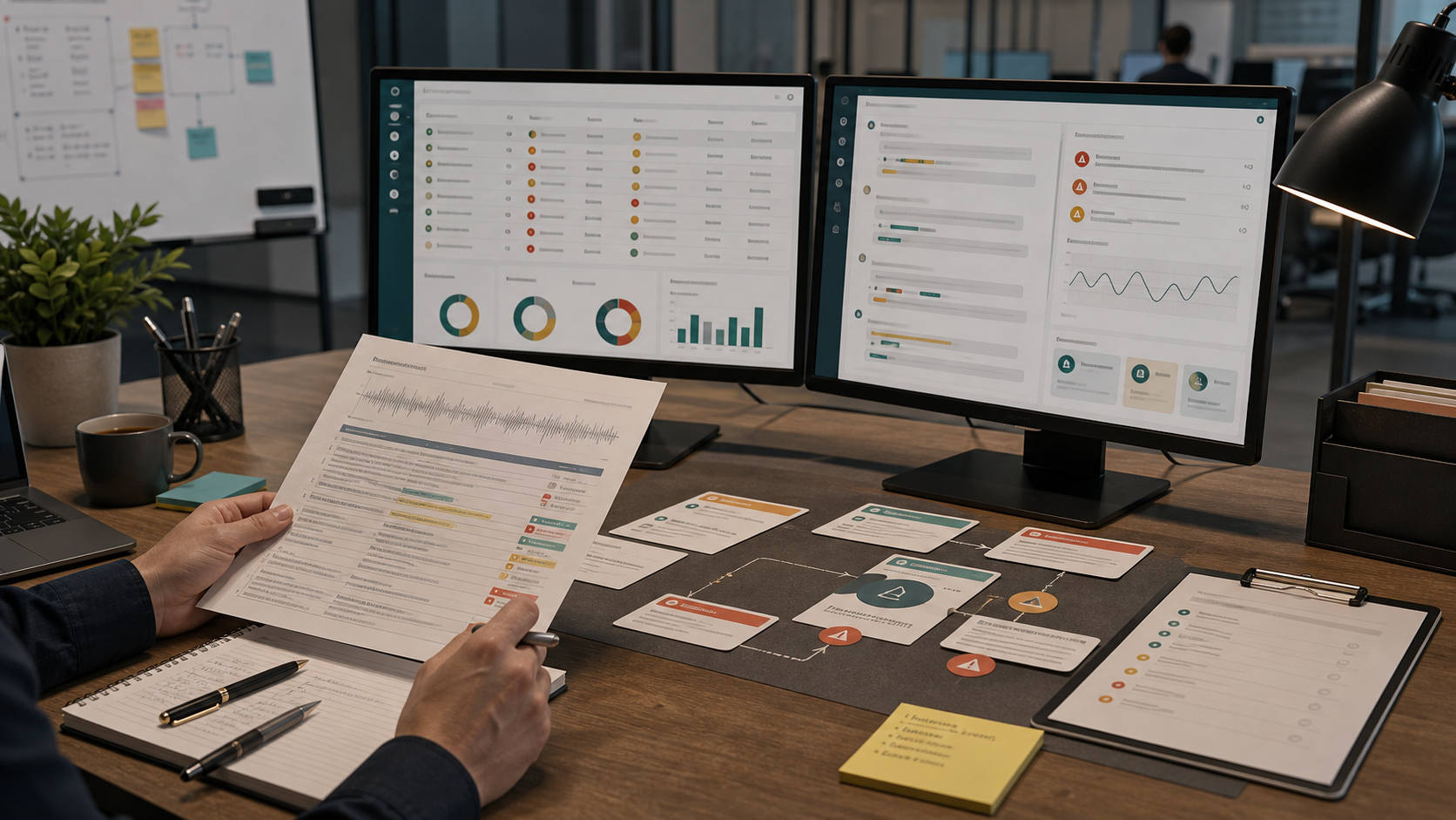 QA review desk with scorecards, escalation cards, dashboards, and call review workflow artifacts.
