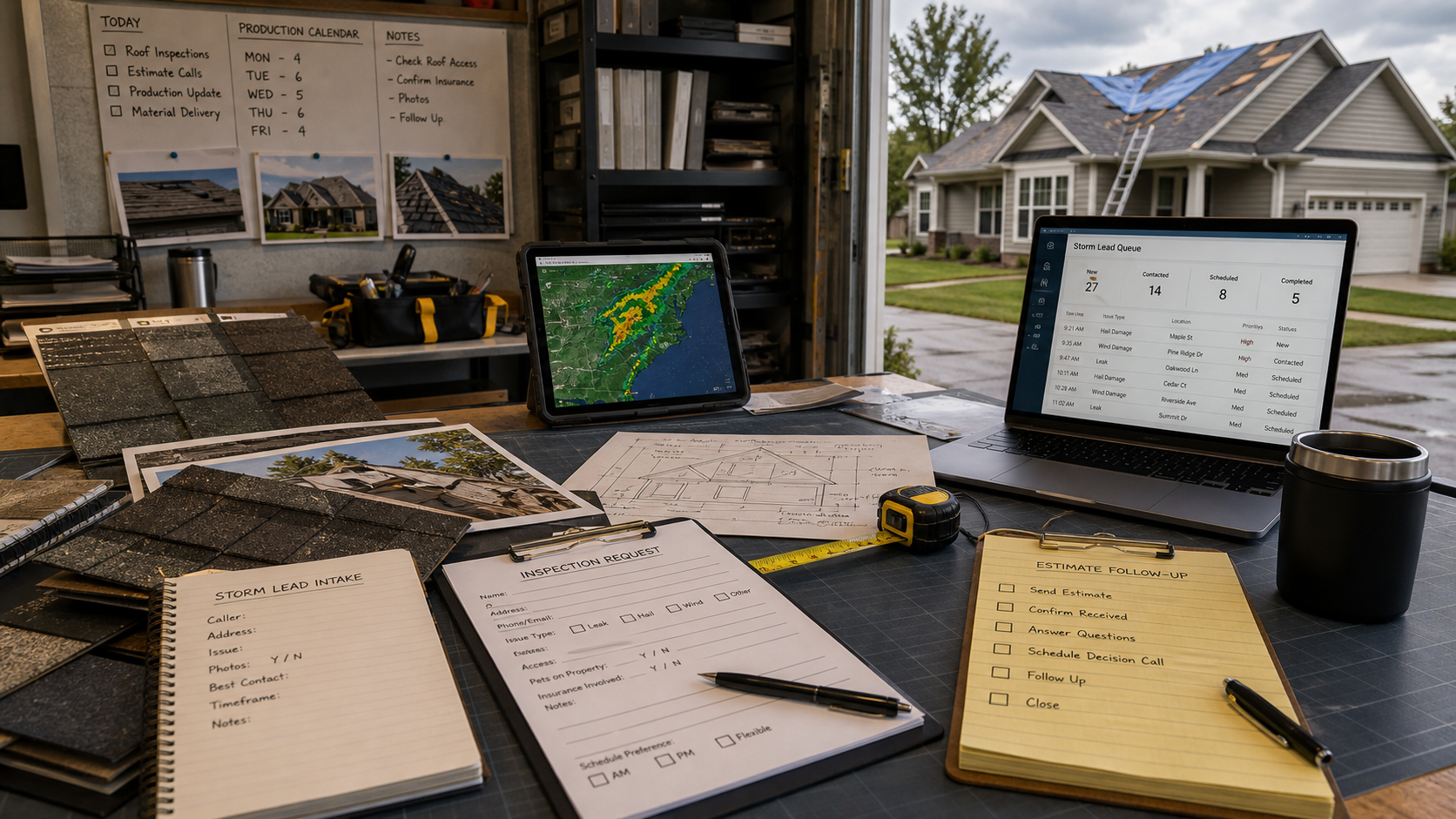 Roofing storm-lead answering workflow with shingle samples, weather radar, inspection requests, estimate follow-up notes, and production planning board.