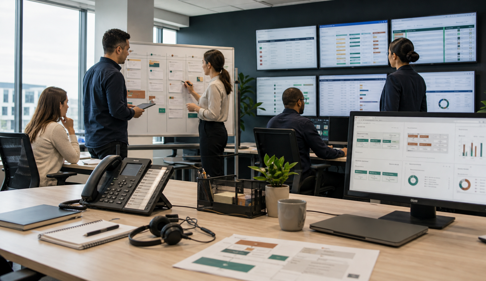 Operations support room with queue monitors, phone equipment, escalation boards, and workflow review context.