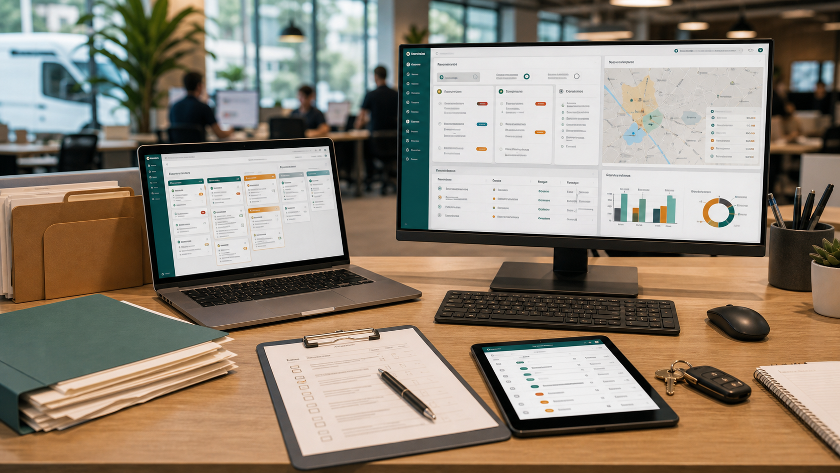 Back-office workflow desk with job-board screens, service-zone map, follow-up checklist, and admin paperwork.