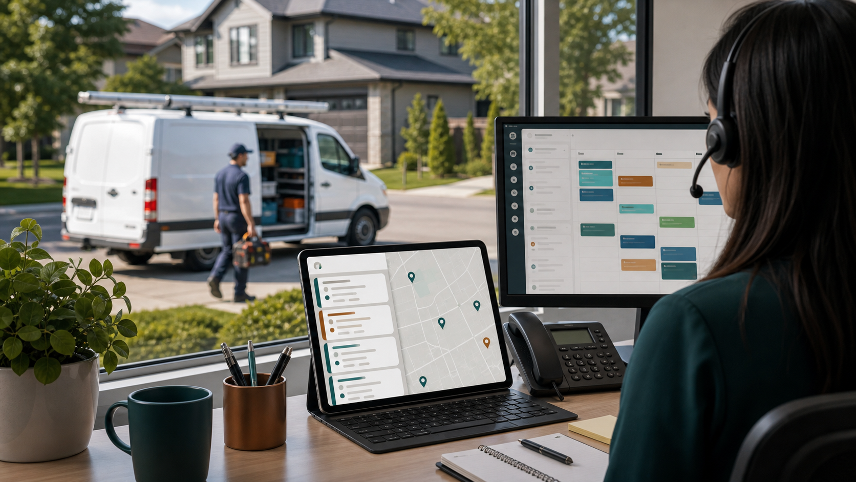 Field-service call answering desk with customer intake, dispatch map, job notes, and technician schedule screens.