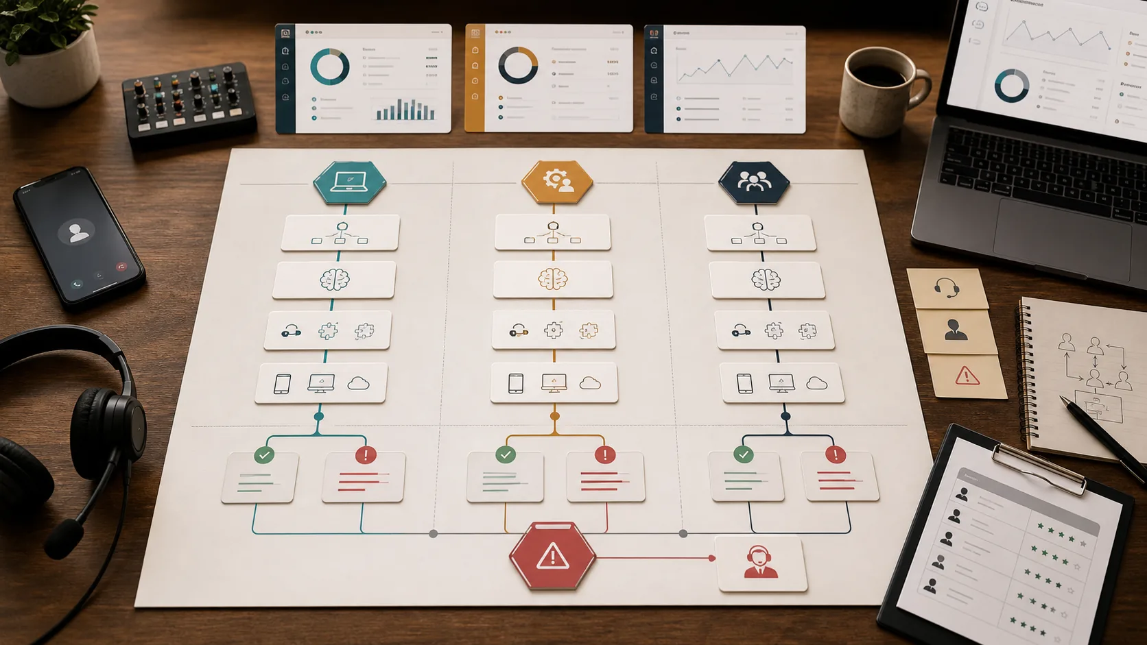 Voice-agent build, buy, and managed-service decision map with integration, QA, and handoff checkpoints.