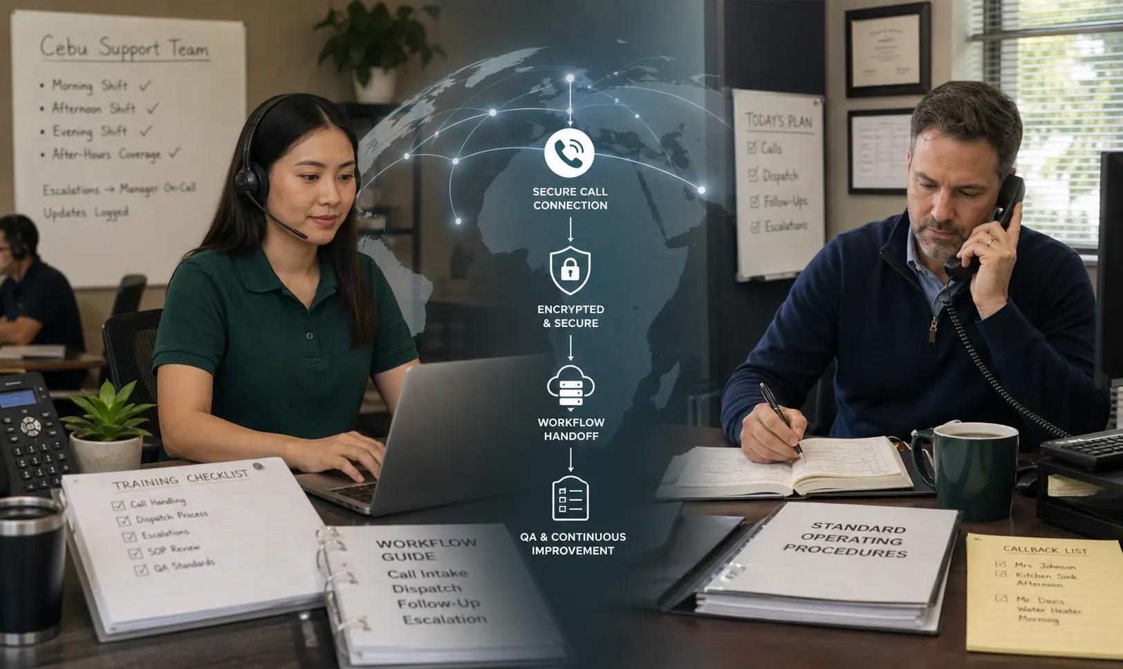 Cebu support agent and client operations manager connected by a secure global workflow bridge with tools, training, phone, and QA cues.