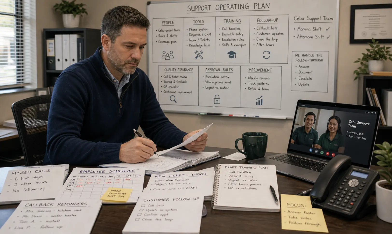 Turn Tools and Notes Into Usable Instructions visual showing a support operating plan with training, tools, follow-up, QA, approval rules, and Cebu support.