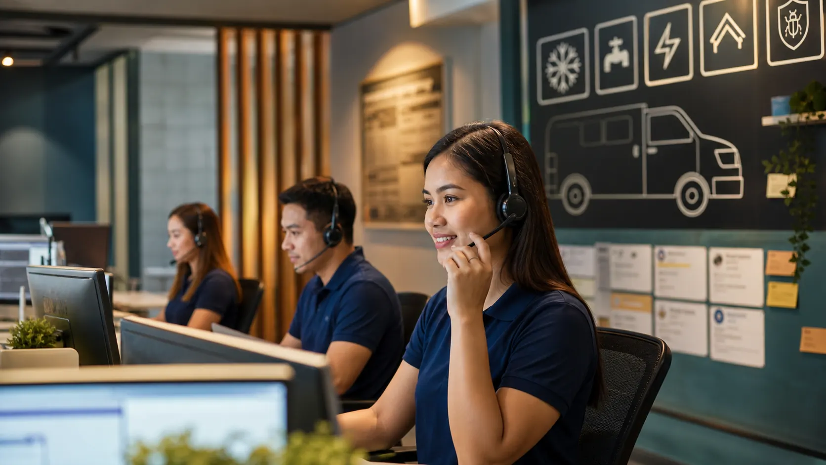 Cebu-based support agents coordinating home services calls, booking support, dispatch handoffs, and follow-up.