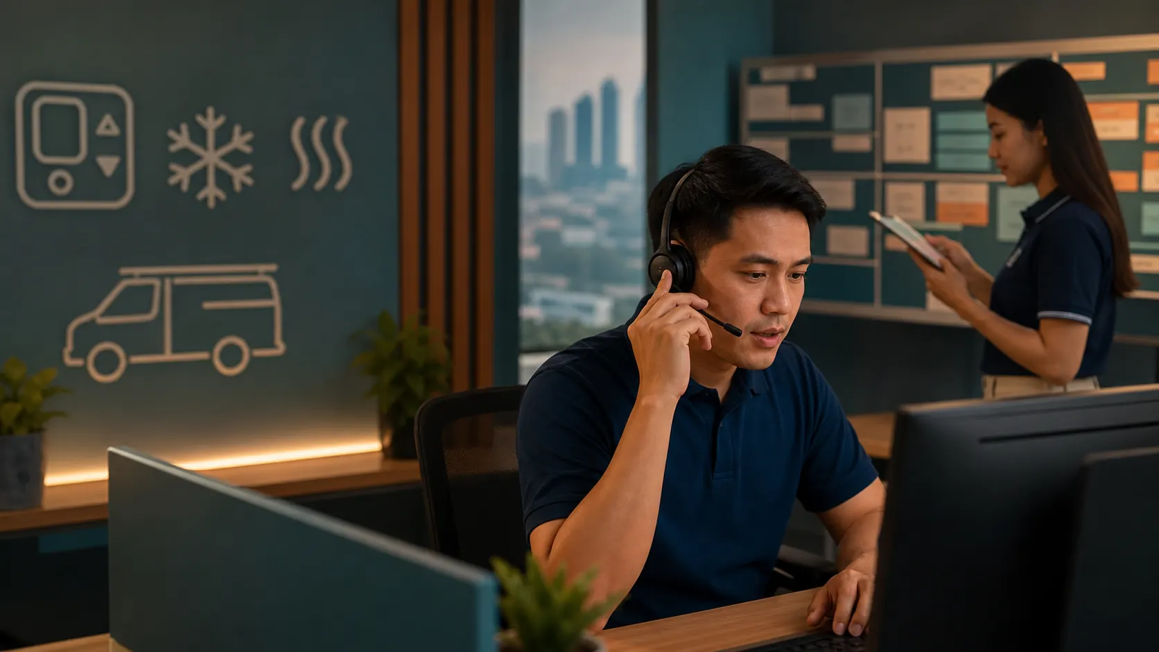 Cebu-based support agent answering an HVAC service call and preparing dispatch handoff notes.