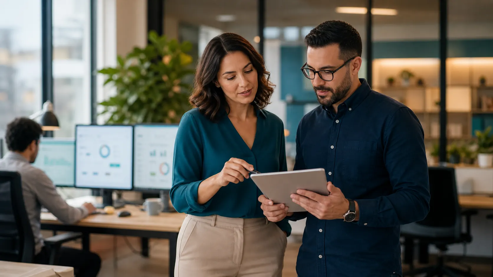 SaaS support leaders reviewing customer support work in a modern software office.