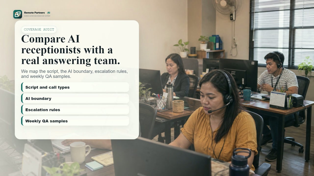 Remote Partners AI video thumbnail comparing an AI receptionist with a real human answering team.